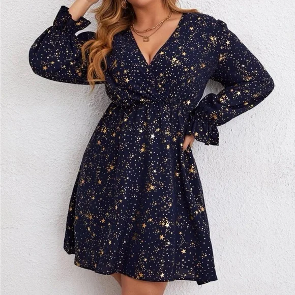 Navy blue gold stars flounce sleeve holidays party dress - Picture 6 of 8